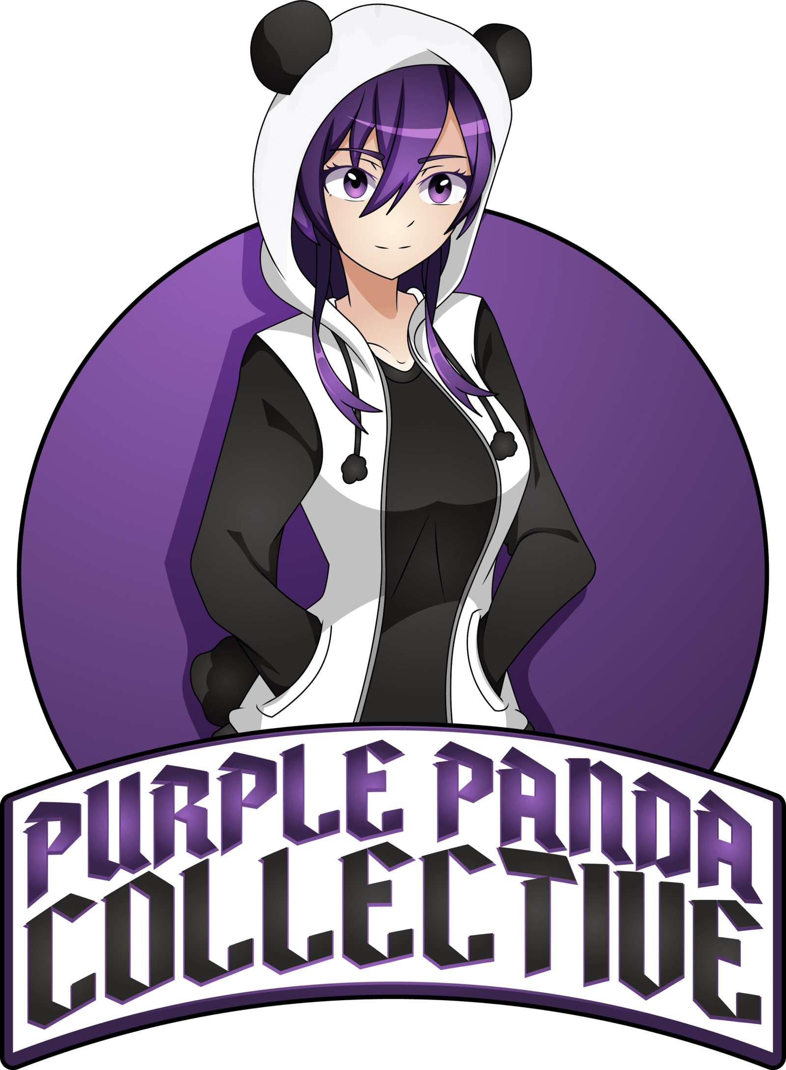 services-05 Logo for Purple Panda Collective. Illustration of Astra Moon, an anime-style female mascot with purple eyes and hair, wearing a panda-ear hoodie over a purple circular background.