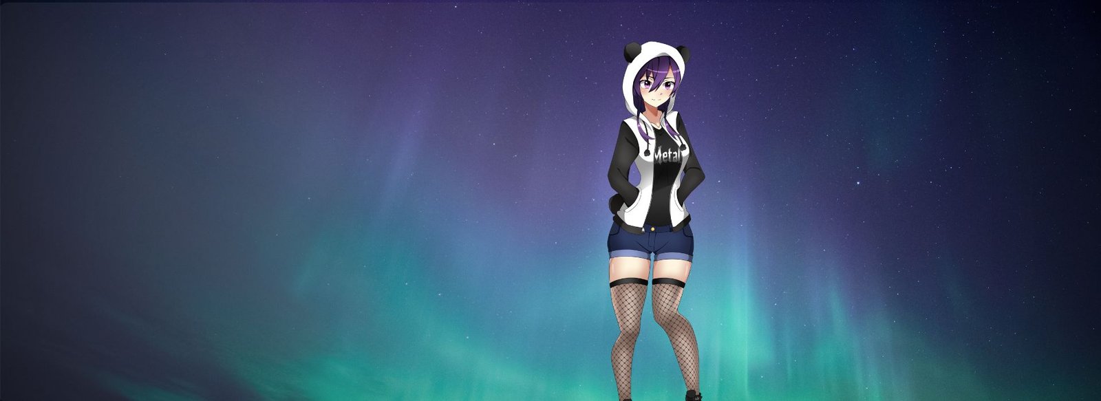Astra Moon, Purple Panda Collective mascot, standing in an aurora borealis