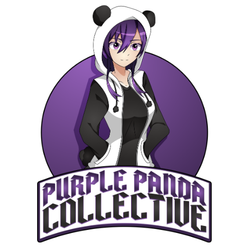 An anime-style logo featuring the mascot, Astra Moon, a young woman with long purple hair and purple eyes. She wears a black-and-white panda-themed hoodie with small ears and a white vest. She is centered against a solid dark purple circular backdrop. Below her, the text "PURPLE PANDA" is stacked over "COLLECTIVE" in a bold, stylized gothic font with a purple-to-white gradient, all encased in a white arched border.